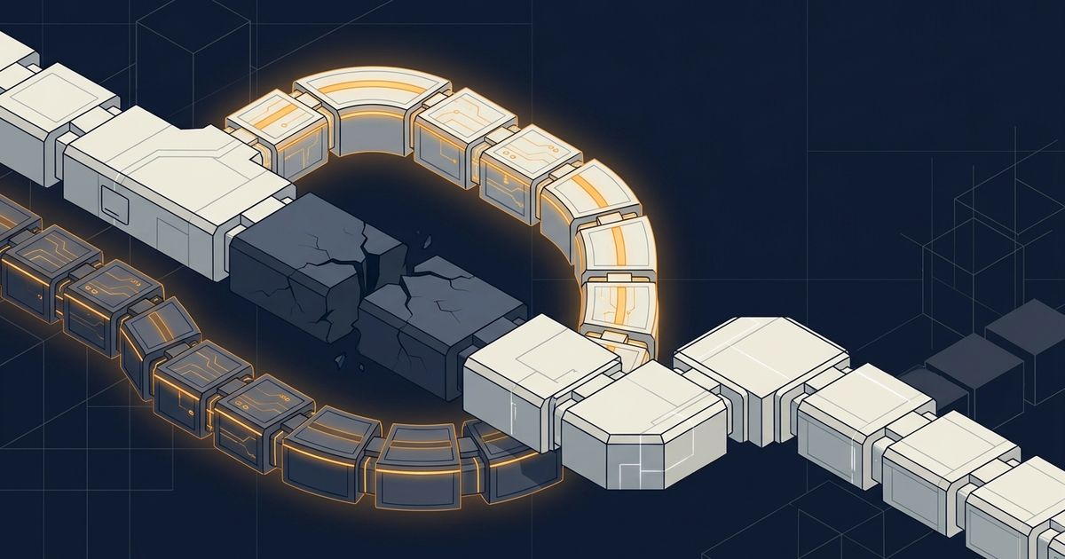 A glowing modular pathway curves around a cracked dark block on a navy background