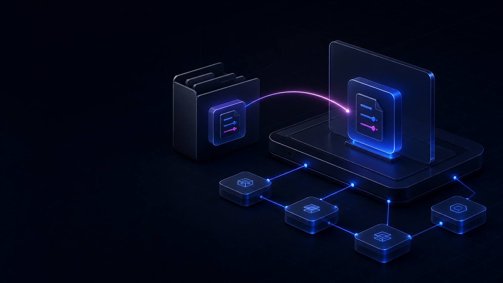 A glowing bridge moves package files between two workspace folders beside a configuration card.