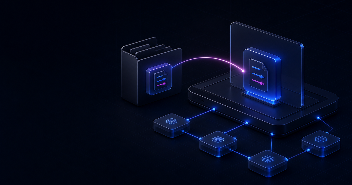 A glowing bridge moves package files between two workspace folders beside a configuration card.