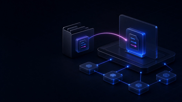A glowing bridge moves package files between two workspace folders beside a configuration card.
