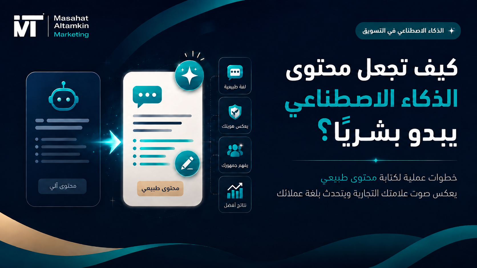تصميم توضيحي يشرح كيفية جعل محتوى الذكاء الاصطناعي يبدو بشريًا وطبيعيًا في التسويق