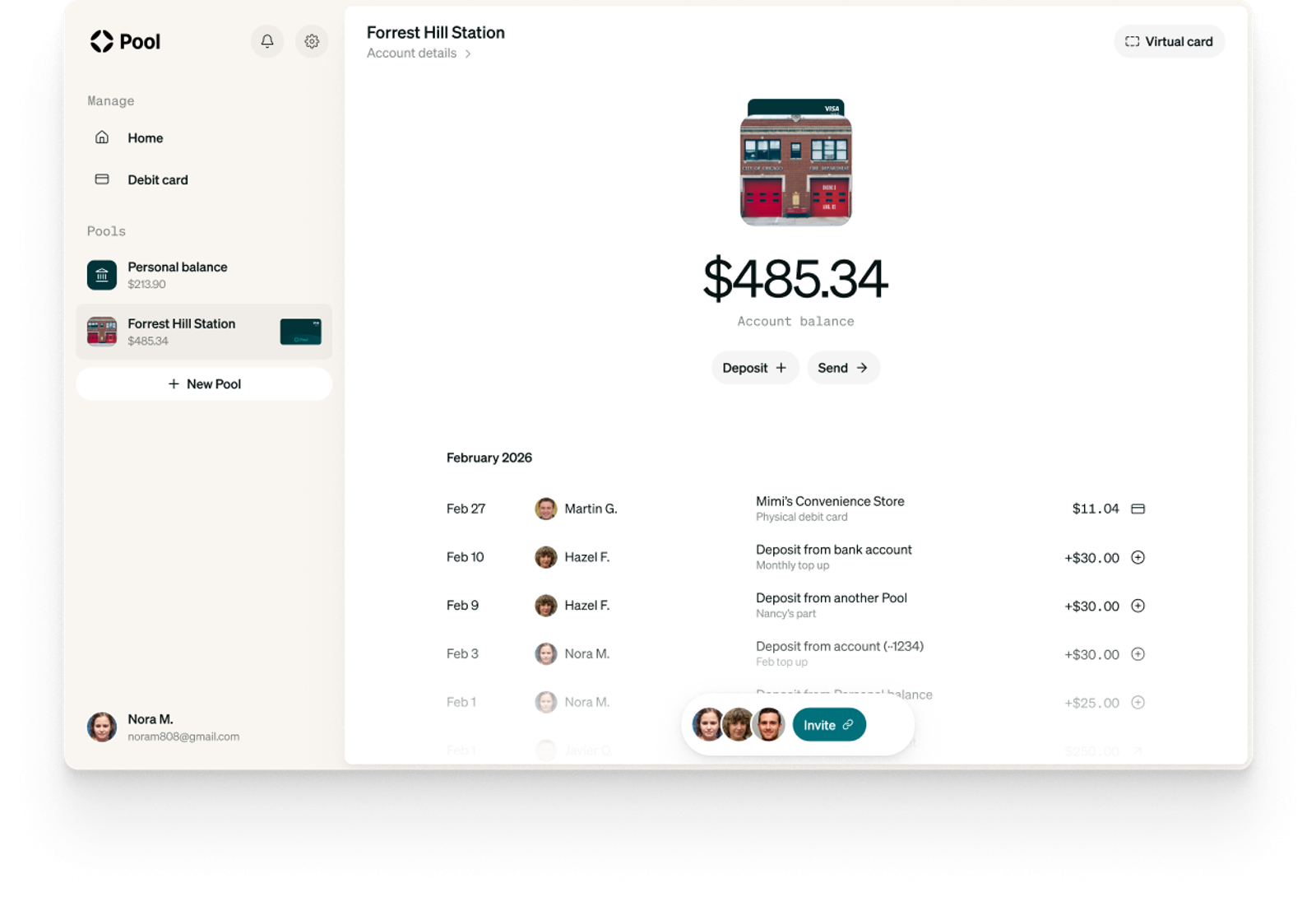 Shared bank account with many people transacting