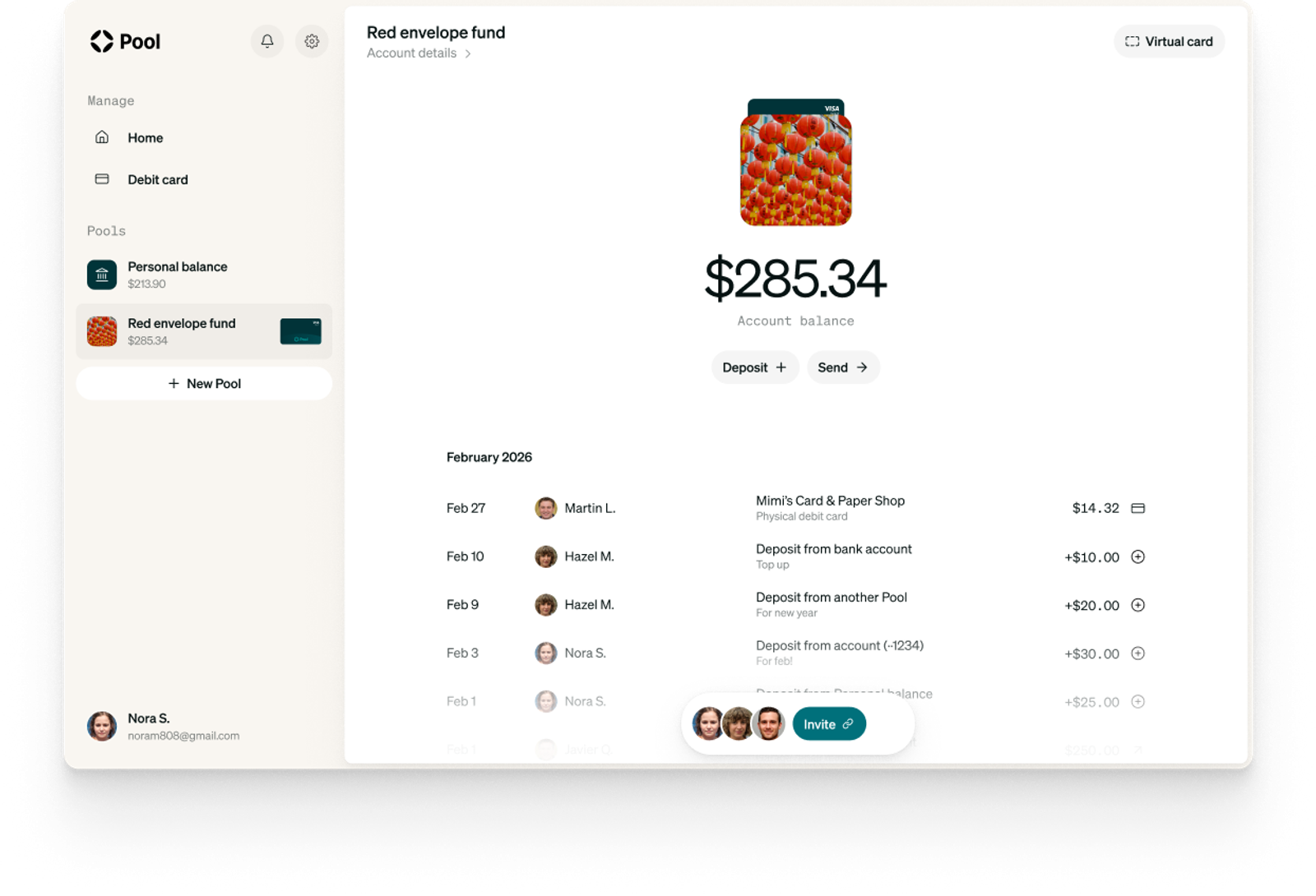 Shared bank account with many people transacting