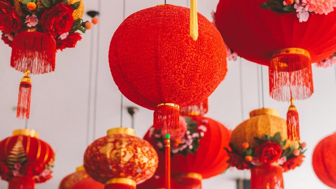 Red lanterns hung for lunar new year.