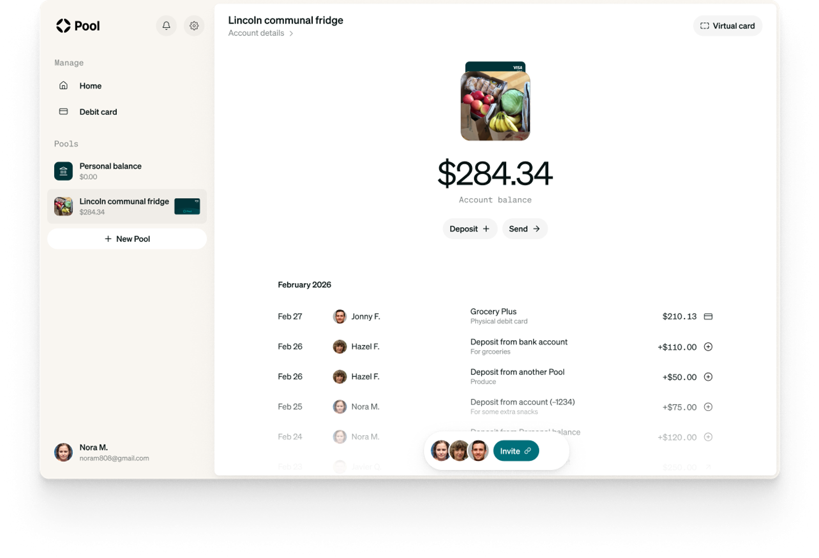 Shared bank account with many people transacting
