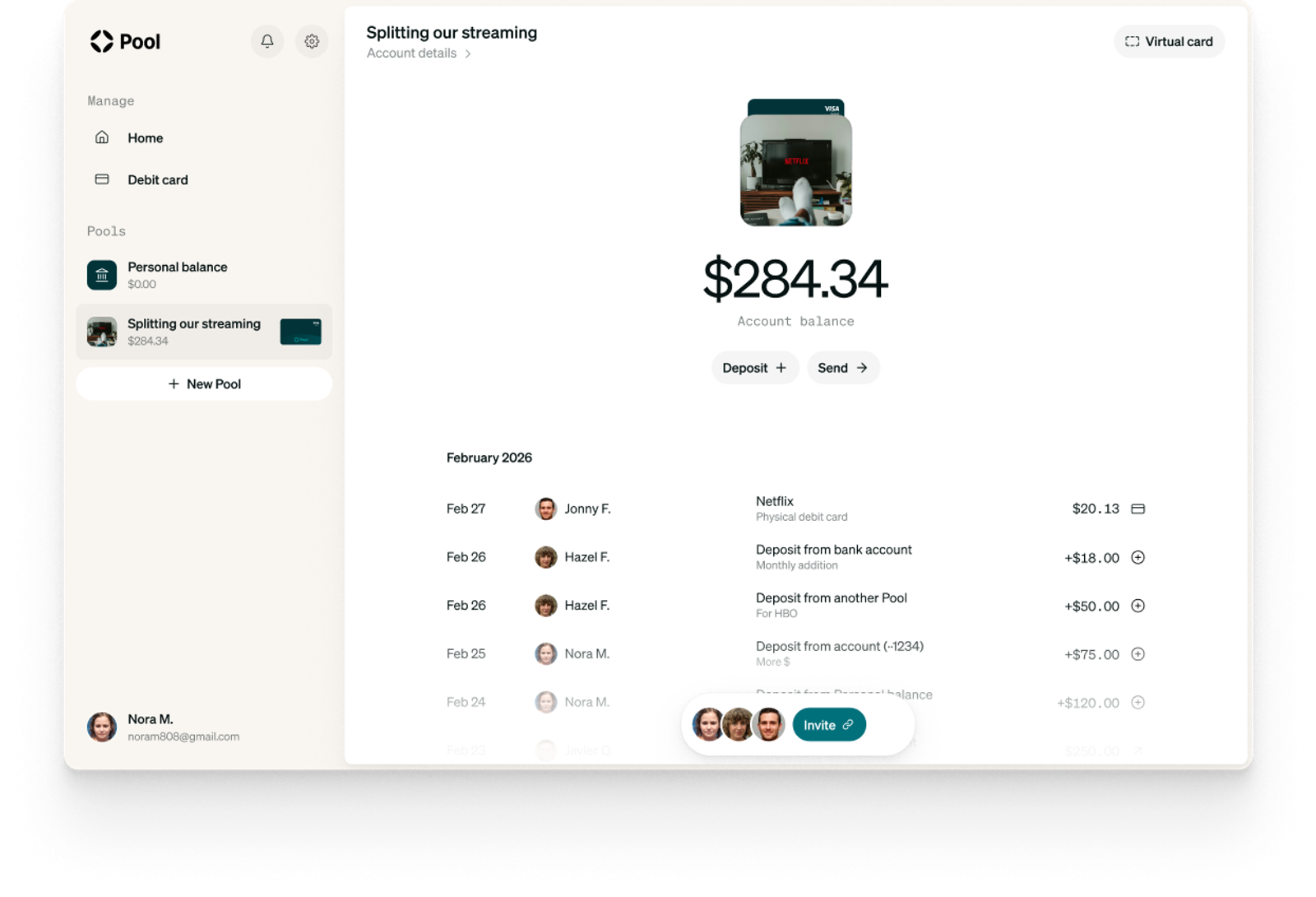 Shared bank account with many people transacting