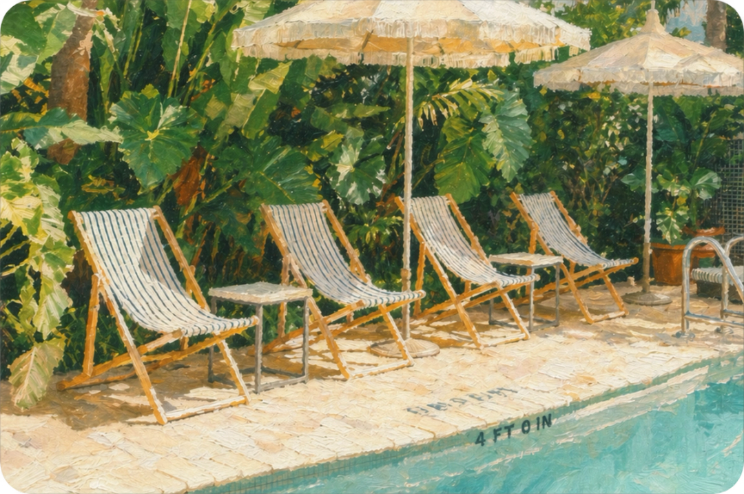 Poolside scene with watercolor design. 