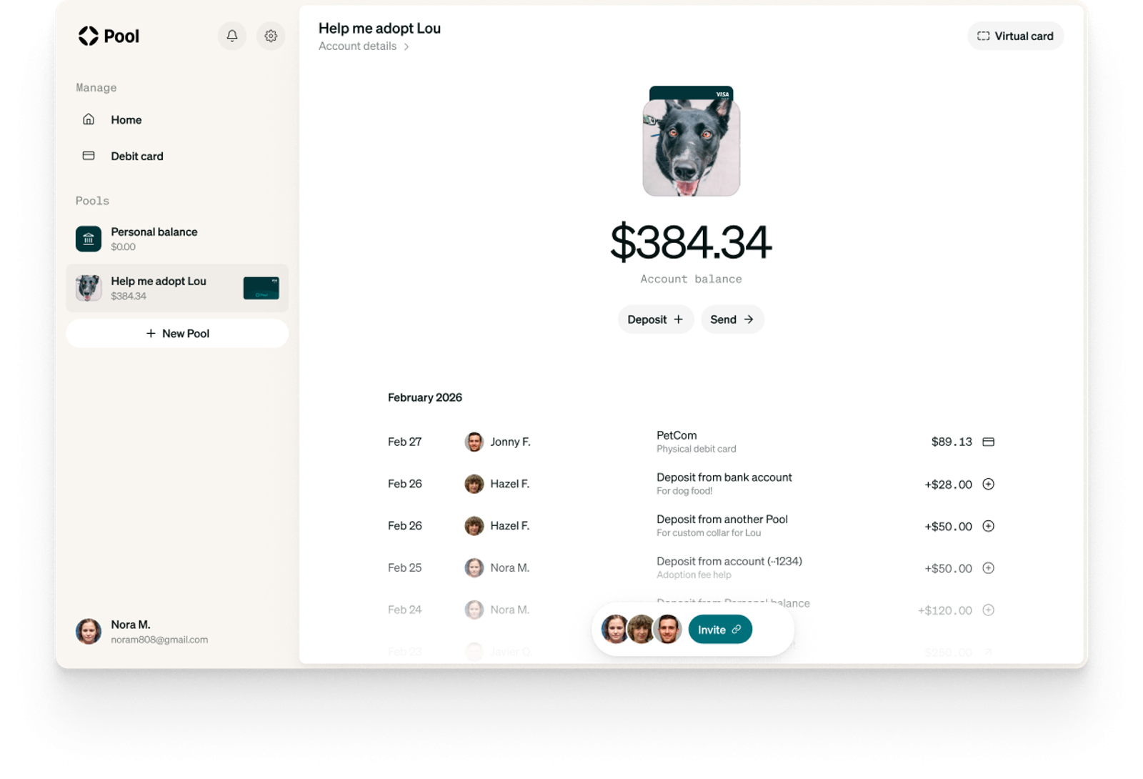 Shared bank account with many people transacting