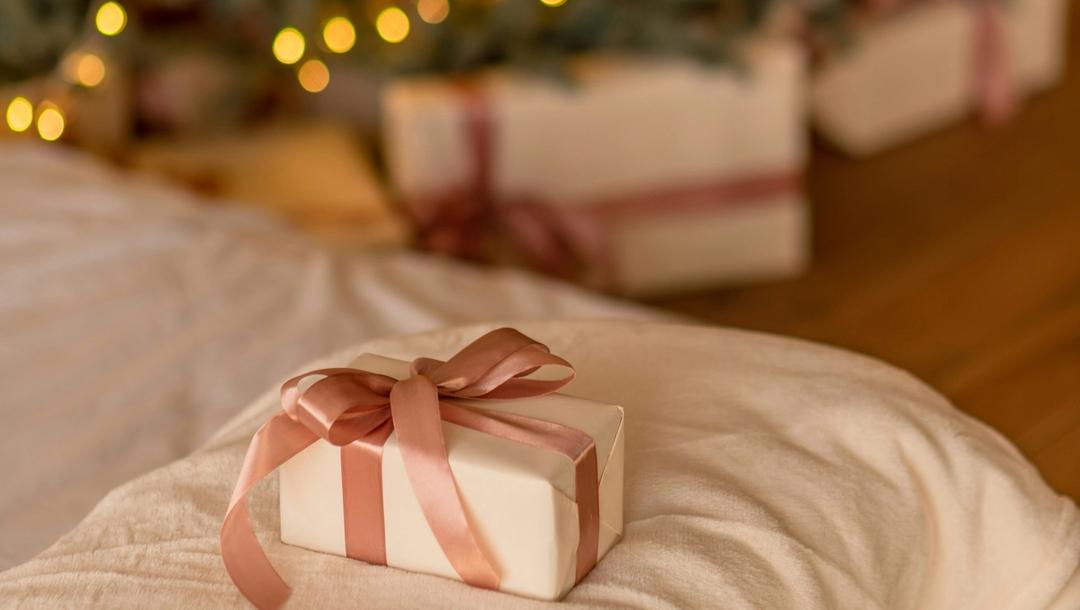 A present sitting in front of a christmas tree.