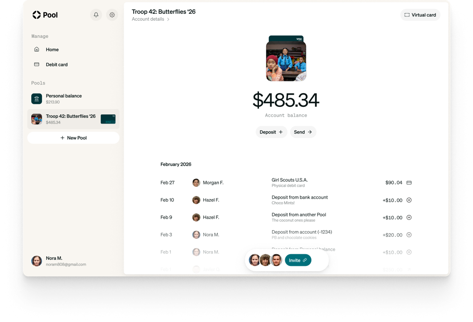 Shared bank account with many people transacting