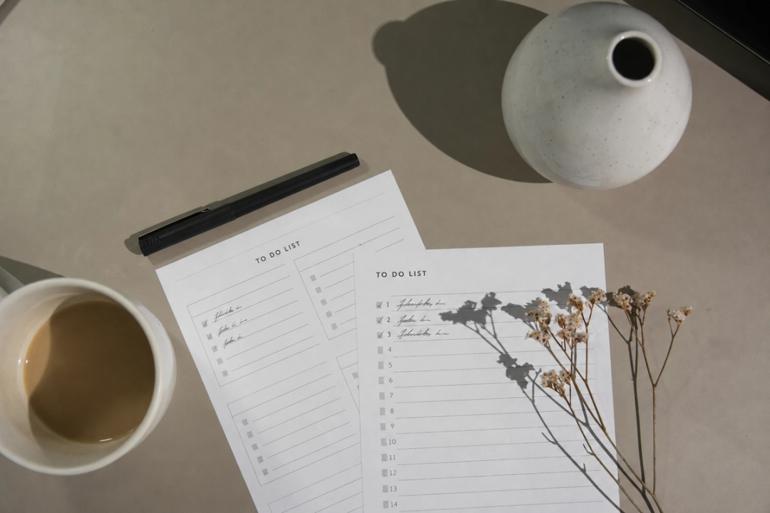 A to do list with coffee and flowers next to it