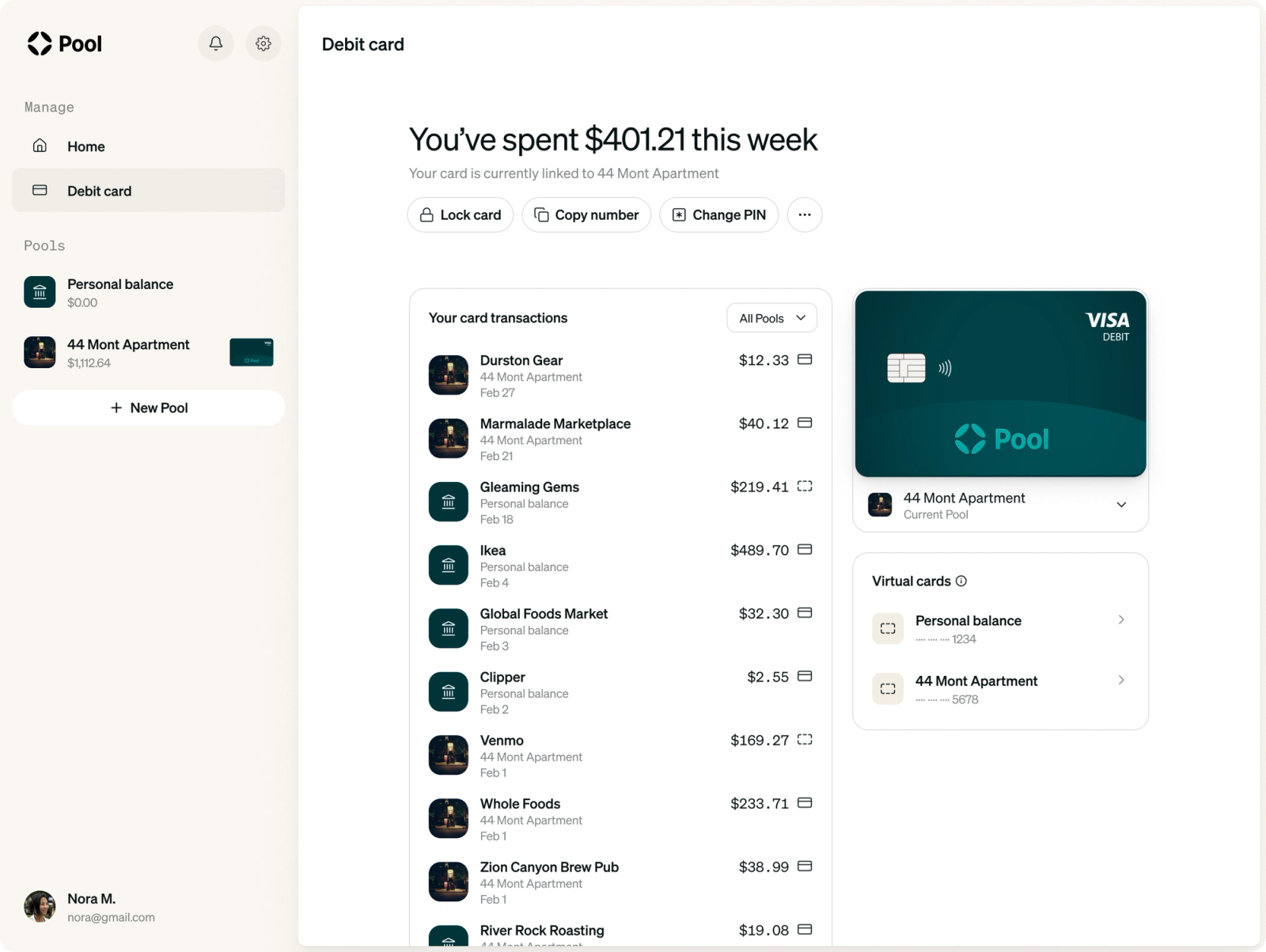 Dashboard with a debit card and associated transactions