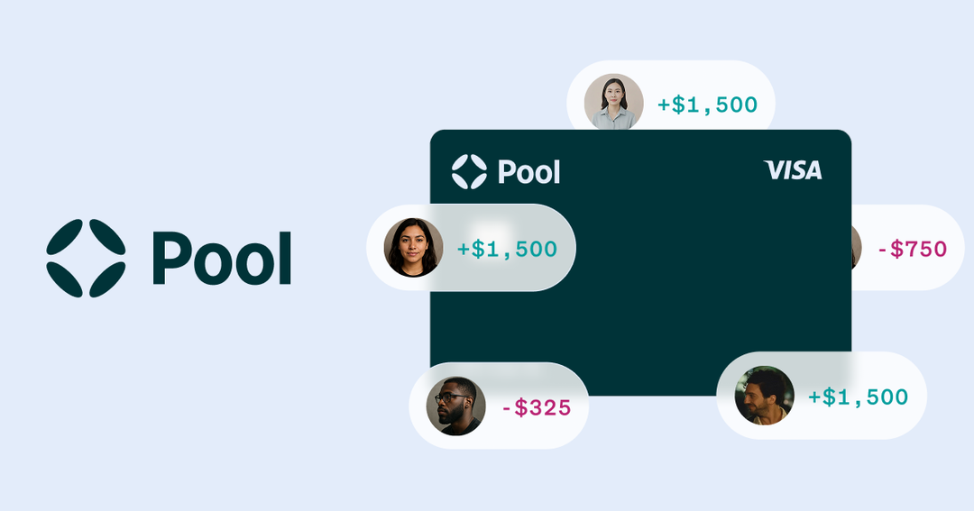 Pool debit card graphic with example transactions surrounding it.
