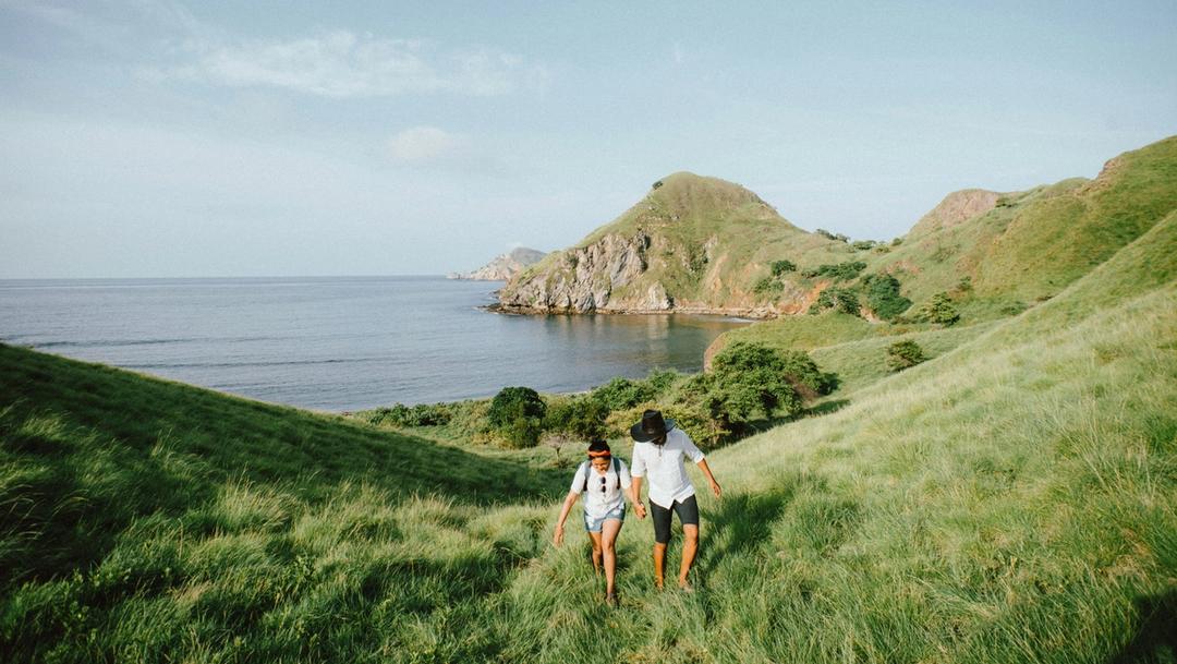 Landscape photo of couple hiking on green grass.