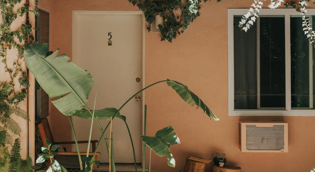 Orange apartment with a white front door and plants as decoration.