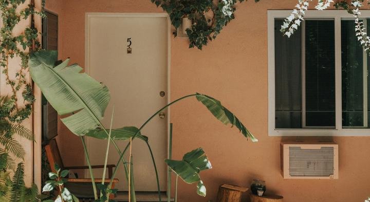 Orange apartment with a white front door and plants as decoration.