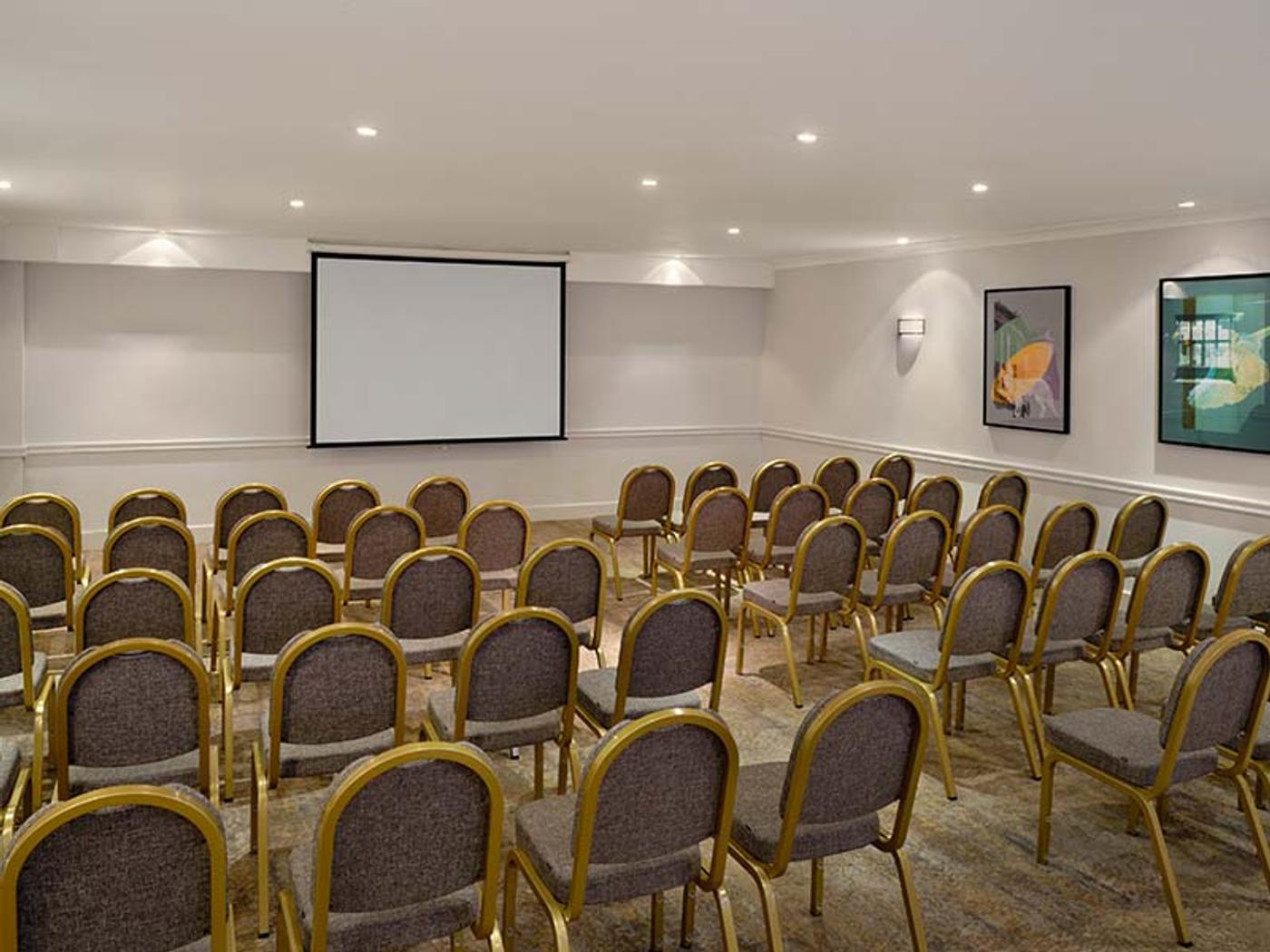 Meeting room set theatre-style with a projector screen and artwork on the walls