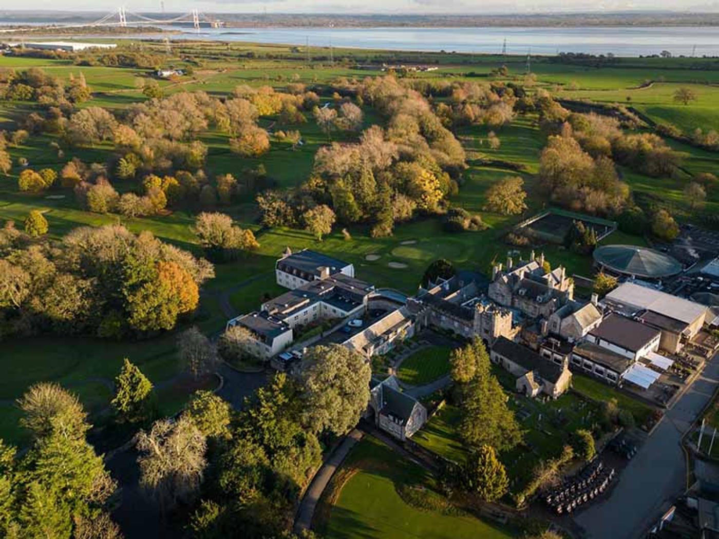 Aerial view of Delta Hotels St. Pierre Country Club, golf course and the Severn estuary