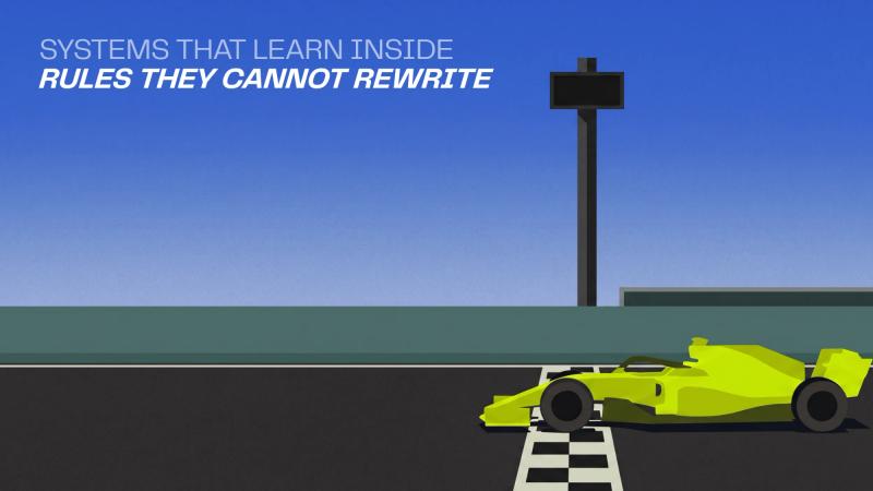 Systems that learn inside rules they cannot rewrite: a race car crossing the start line under a timing tower