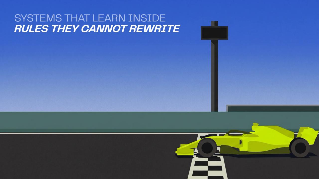 Systems that learn inside rules they cannot rewrite: a race car crossing the start line under a timing tower