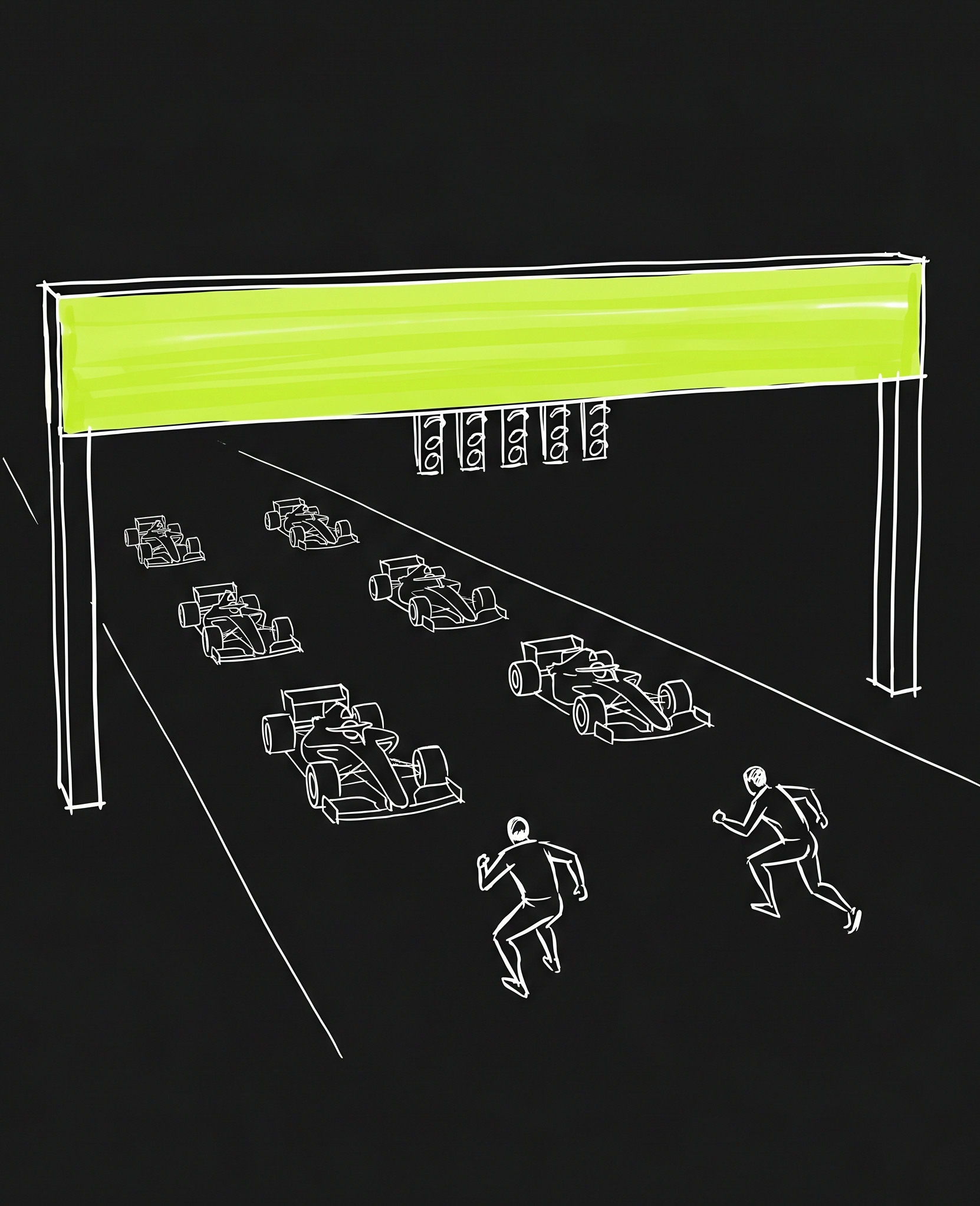 F1 cars lined up on the starting grid under a lit gantry