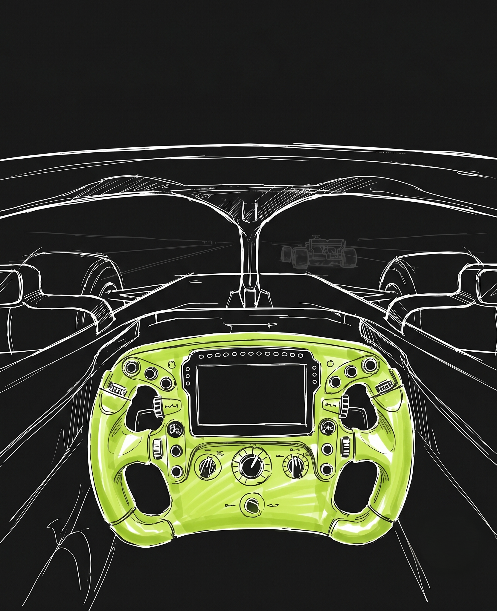 Driver's eye view from an F1 cockpit, hands on a lit steering wheel