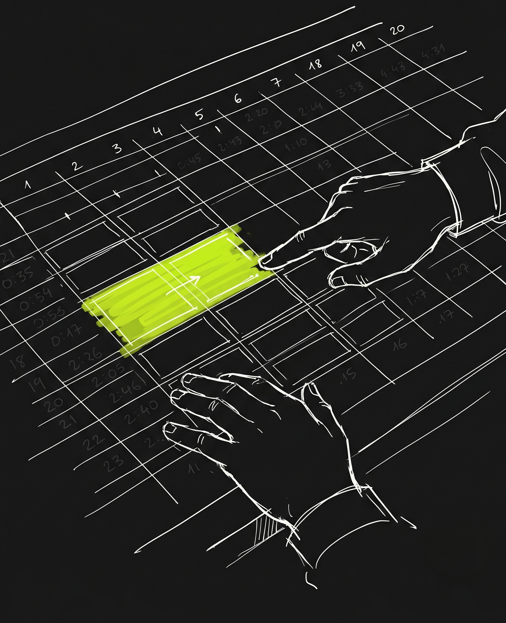 Two hands tracing a race strategy grid of lap times