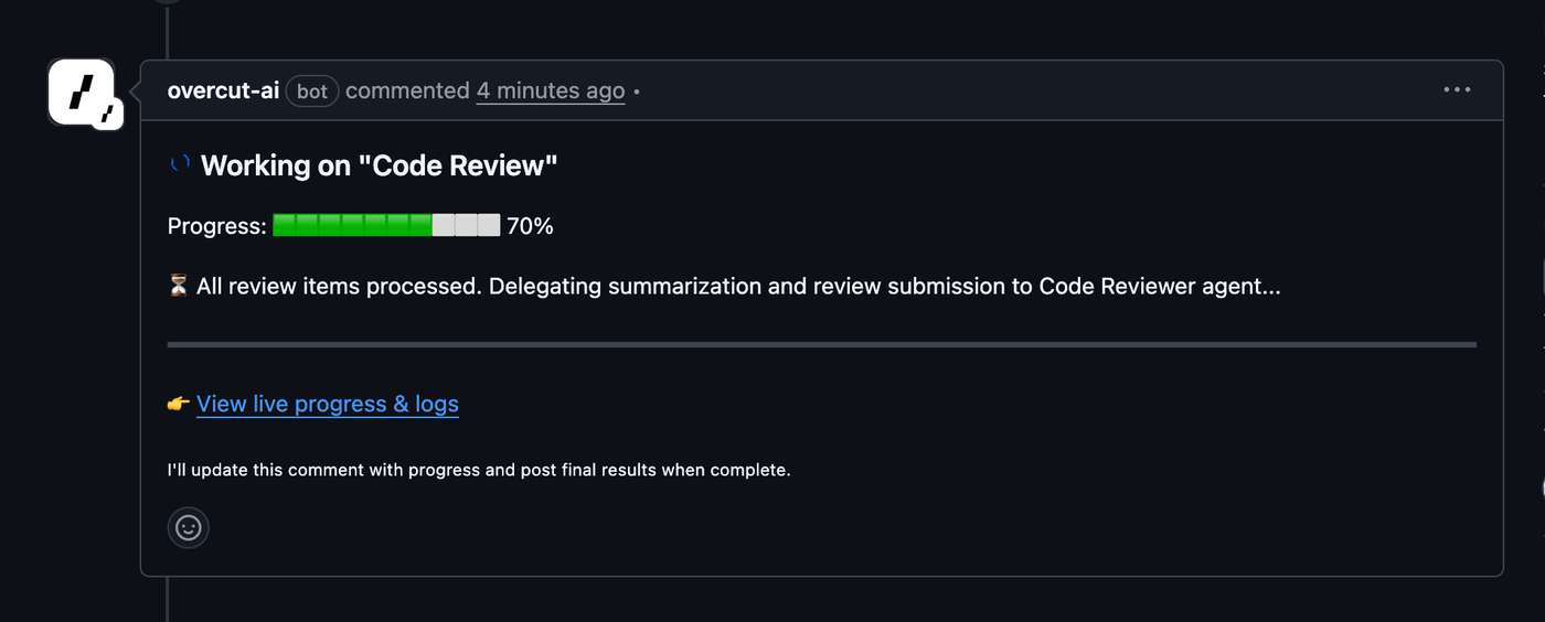 Overcut running a code review on a pull request in GitHub