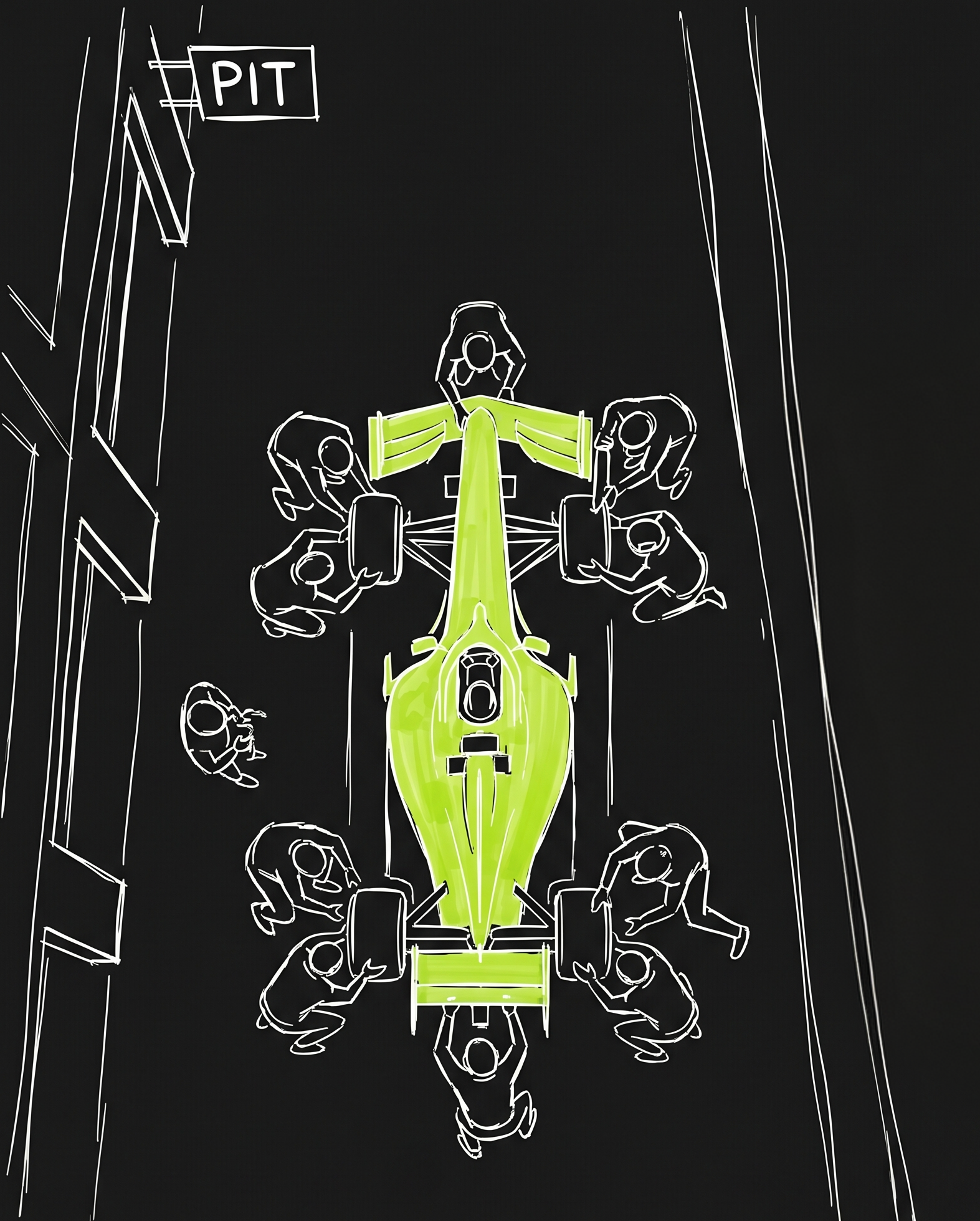 Overhead view of a full pit crew servicing an F1 car in seconds