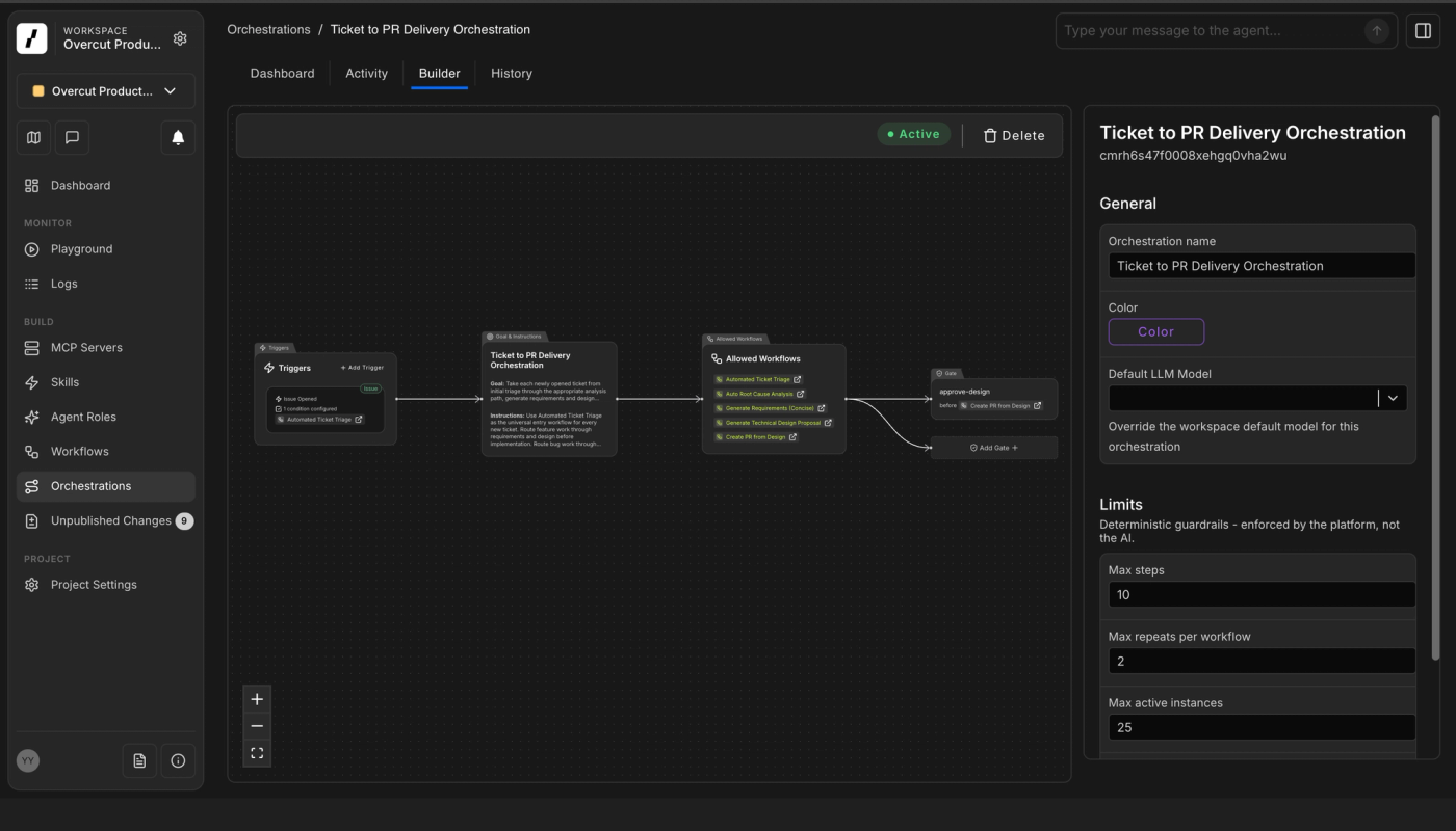The Ticket to PR Delivery Orchestration in the builder: entry trigger, goal and instructions, the allowed workflow set, the approve-design gate, and platform-enforced limits