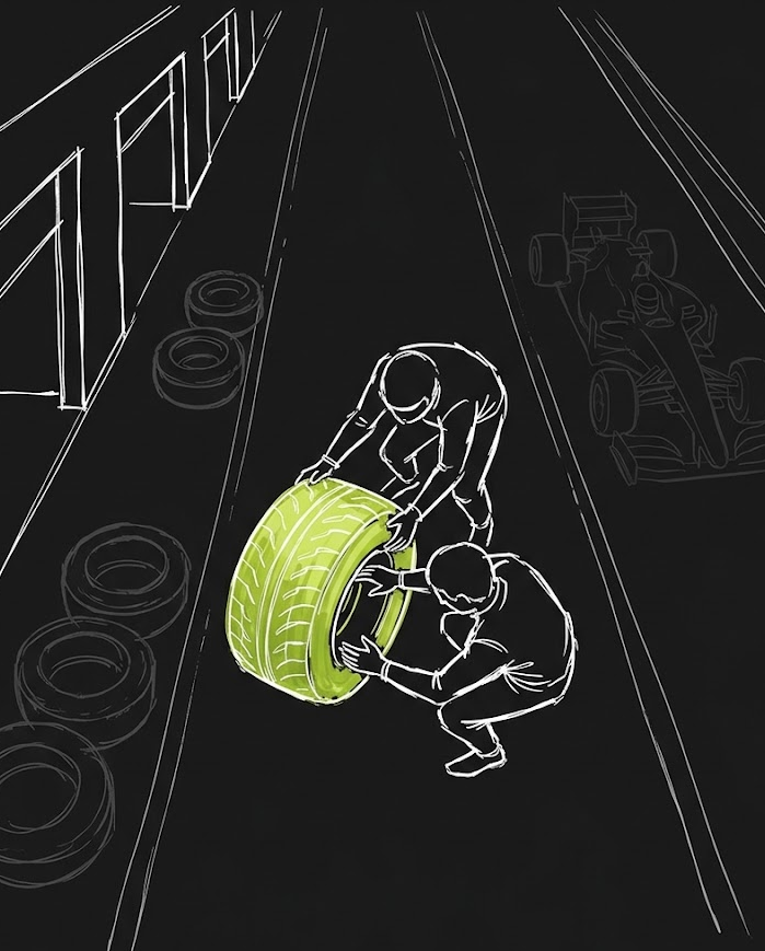 Pit crew inspecting a tyre while a car blurs past, reviewing the last run