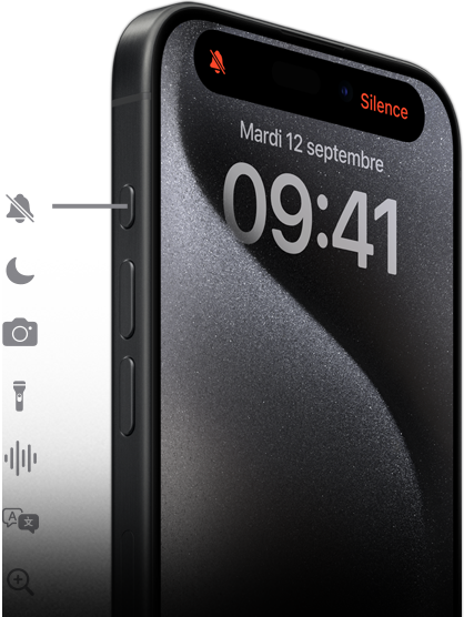 Image d’un iPhone 15 Pro montrant les neufs options de réglages pour le bouton Action