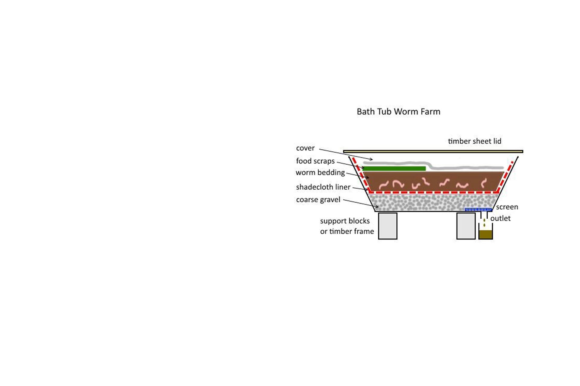 Diagram of a bathtub converted to a worm farm