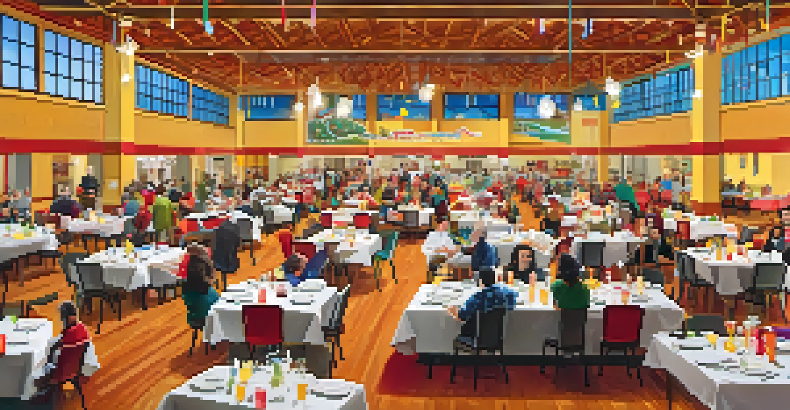 A vibrant dining hall at Illinois State University during a themed dinner night, with students enjoying diverse foods and colorful decorations.