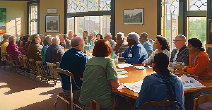 A diverse group of residents participating in a community meeting, discussing local issues with government officials in a bright, welcoming room.