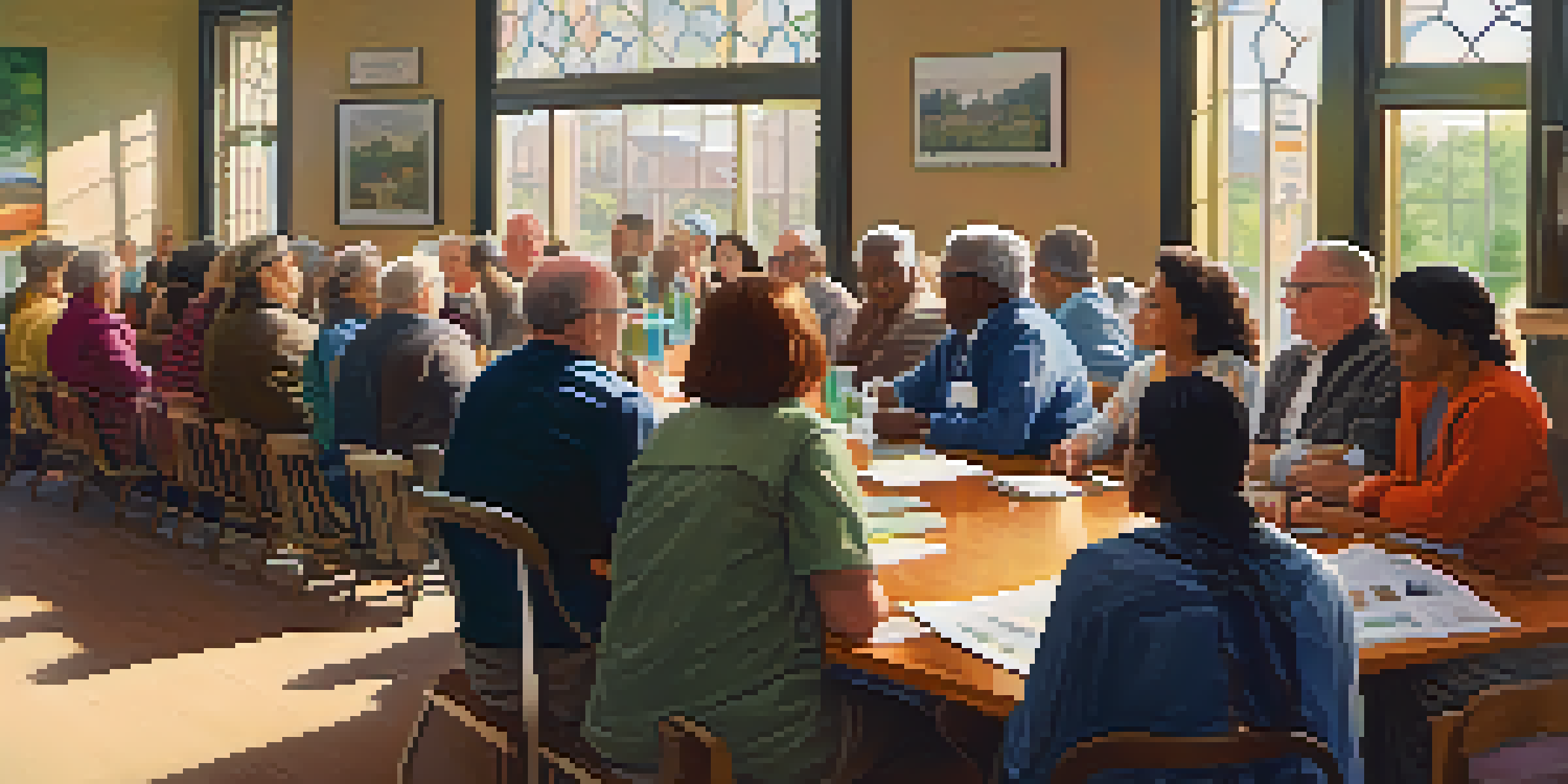 A diverse group of residents participating in a community meeting, discussing local issues with government officials in a bright, welcoming room.