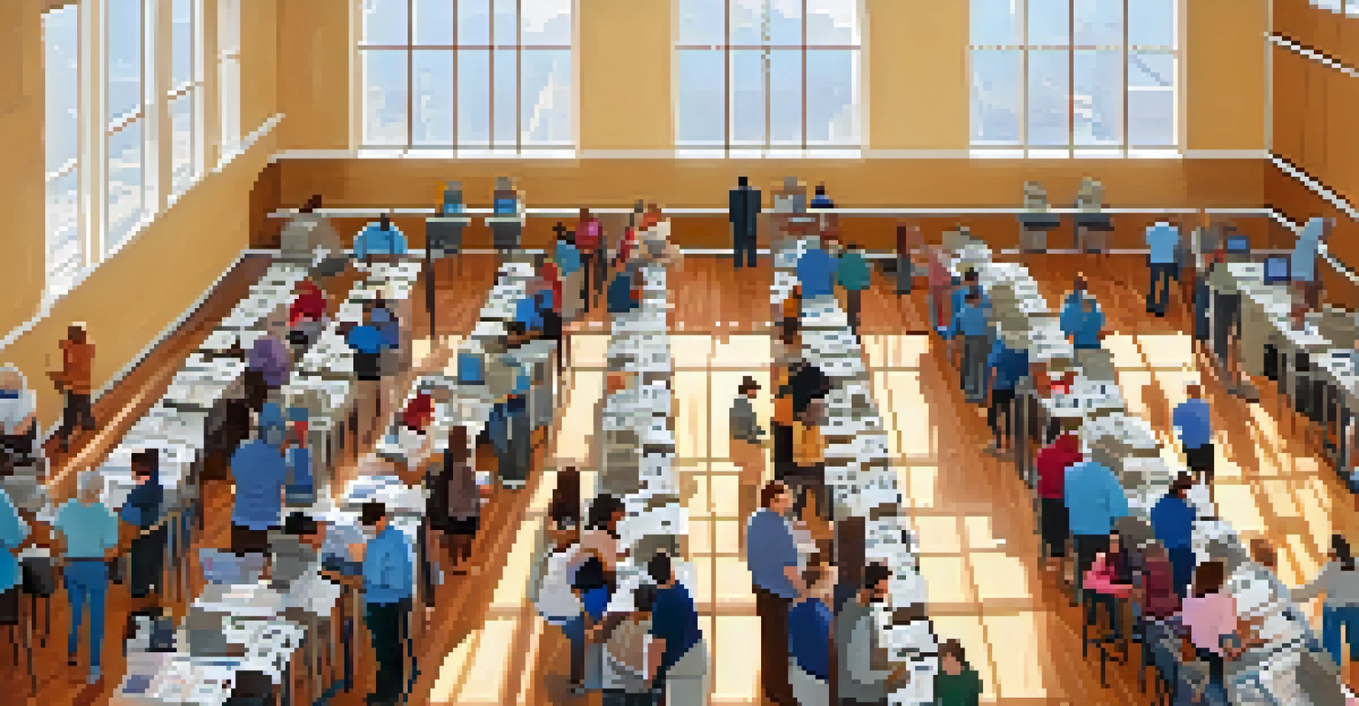 A busy early voting location with people using electronic voting machines and volunteers assisting, illuminated by natural light.
