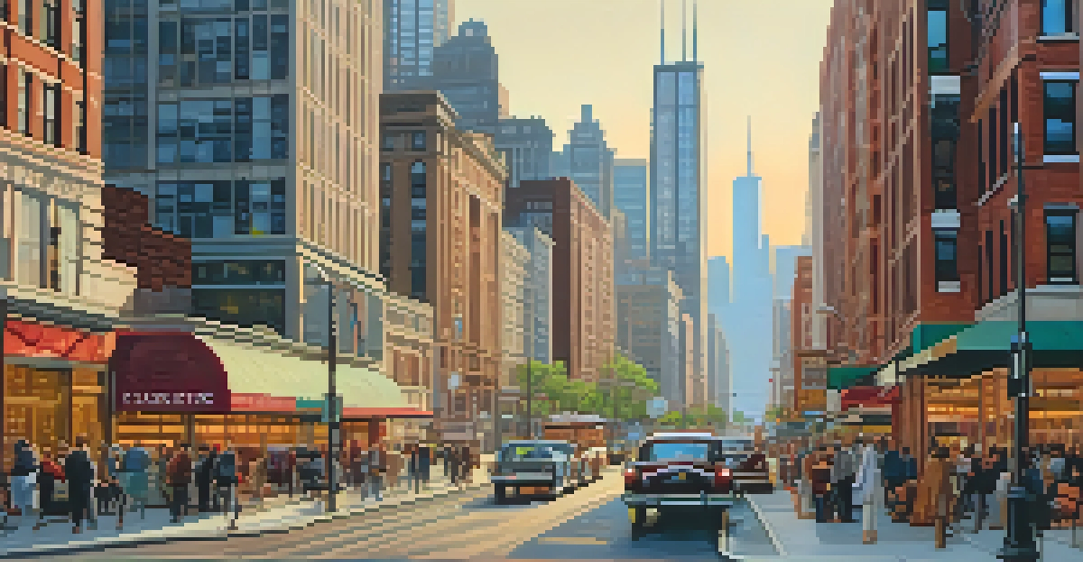 A lively Chicago street scene at sunset with people, cars, and a mix of modern and historic architecture.