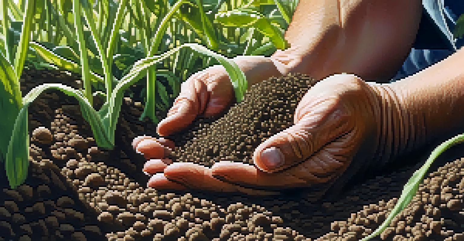 Close-up of a farmer inspecting rich, healthy soil with visible roots and moisture under natural light.