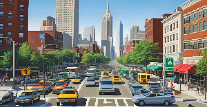 A vibrant city intersection in Illinois with smart traffic signals and vehicles moving smoothly, set against a clear blue sky and city skyline.