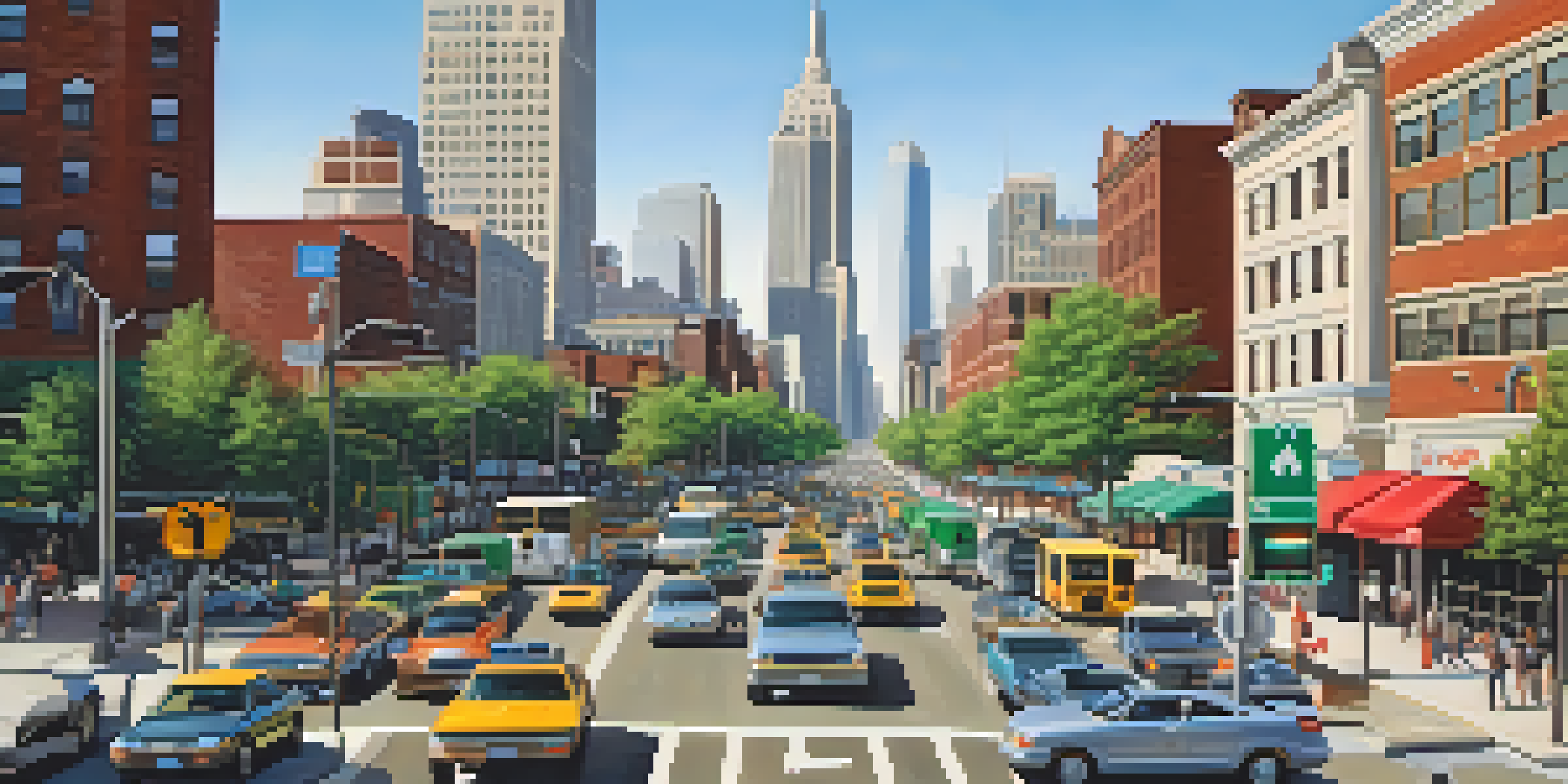 A vibrant city intersection in Illinois with smart traffic signals and vehicles moving smoothly, set against a clear blue sky and city skyline.