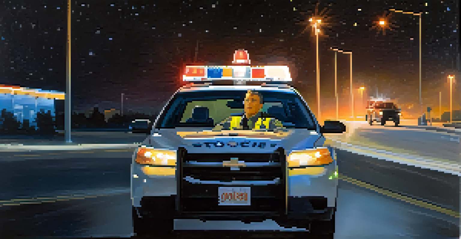 An Illinois State Police officer conducting a nighttime traffic safety checkpoint with flashing lights.