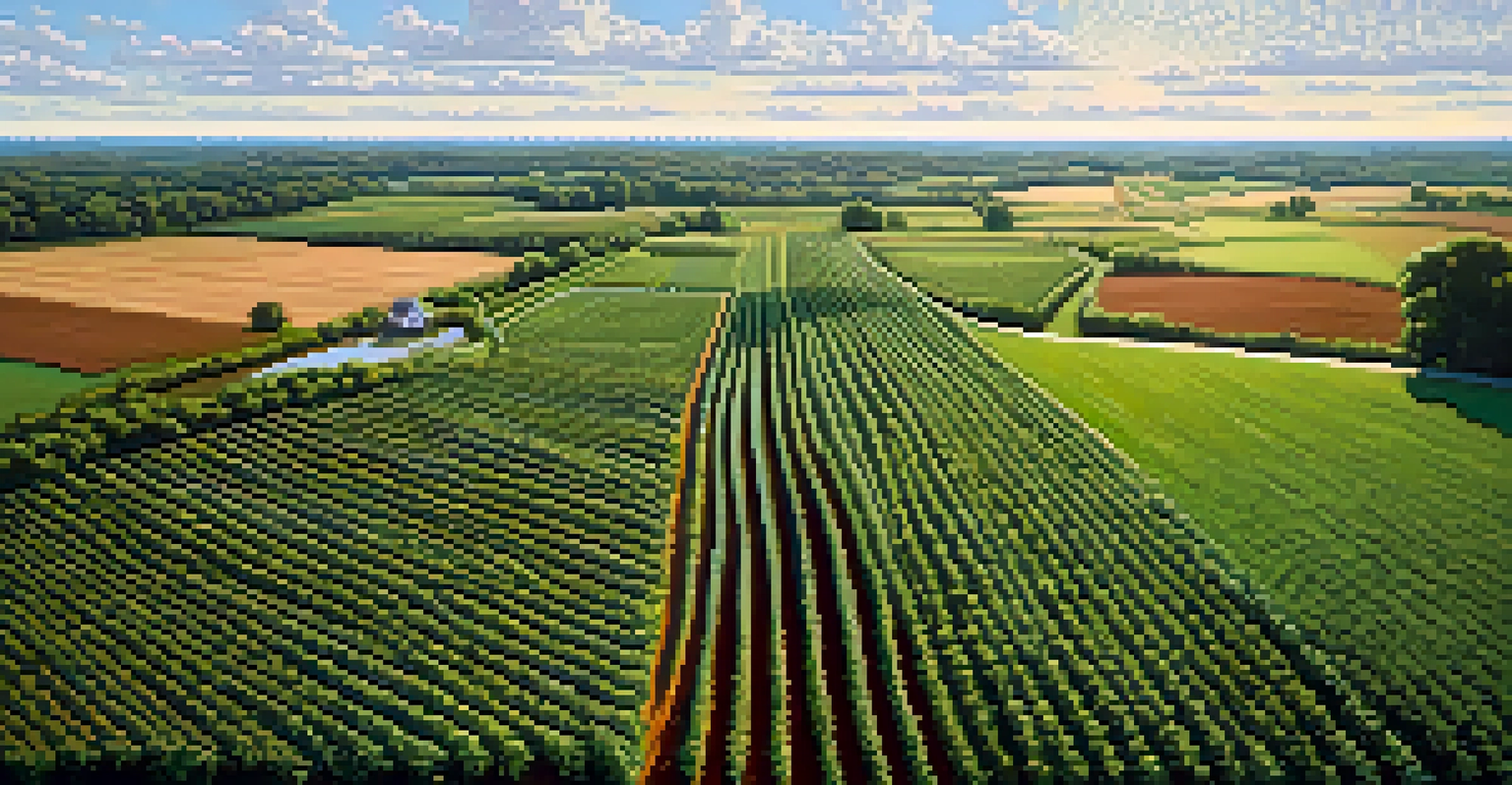 An aerial view of green soybean fields in Illinois, with a farmhouse and blue sky creating a peaceful rural scene.