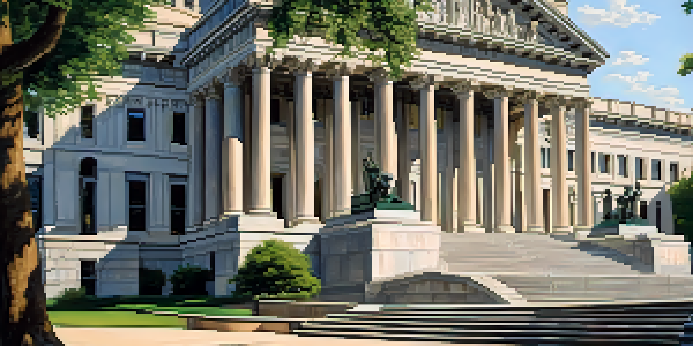 A photograph of the Illinois State Capitol building with a clear blue sky, sunlight creating shadows on the steps, surrounded by green trees.