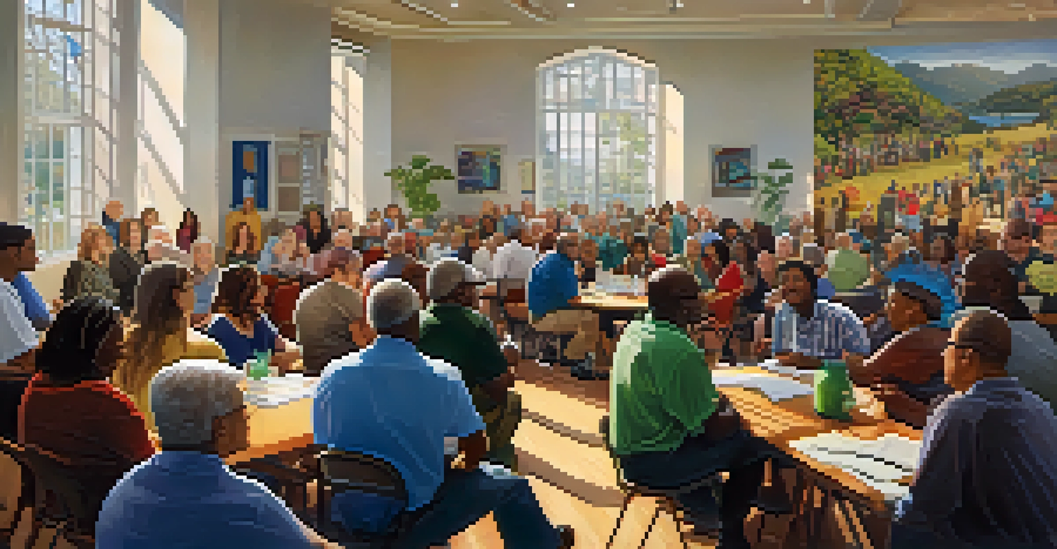 A community meeting in a town hall with diverse residents participating in discussions.