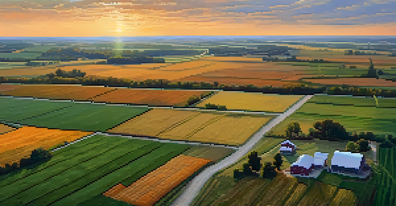 An aerial view of diverse farmland in Illinois with fields of corn, soybeans, and pumpkins at sunset.