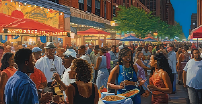 A lively outdoor festival scene with people enjoying live blues music on stage, surrounded by colorful lights and food stalls.