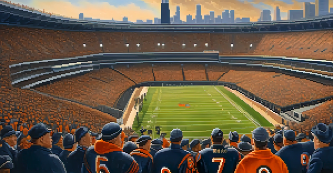 Historic scene of Chicago Bears players in vintage football gear with a backdrop of an old stadium and Chicago skyline.