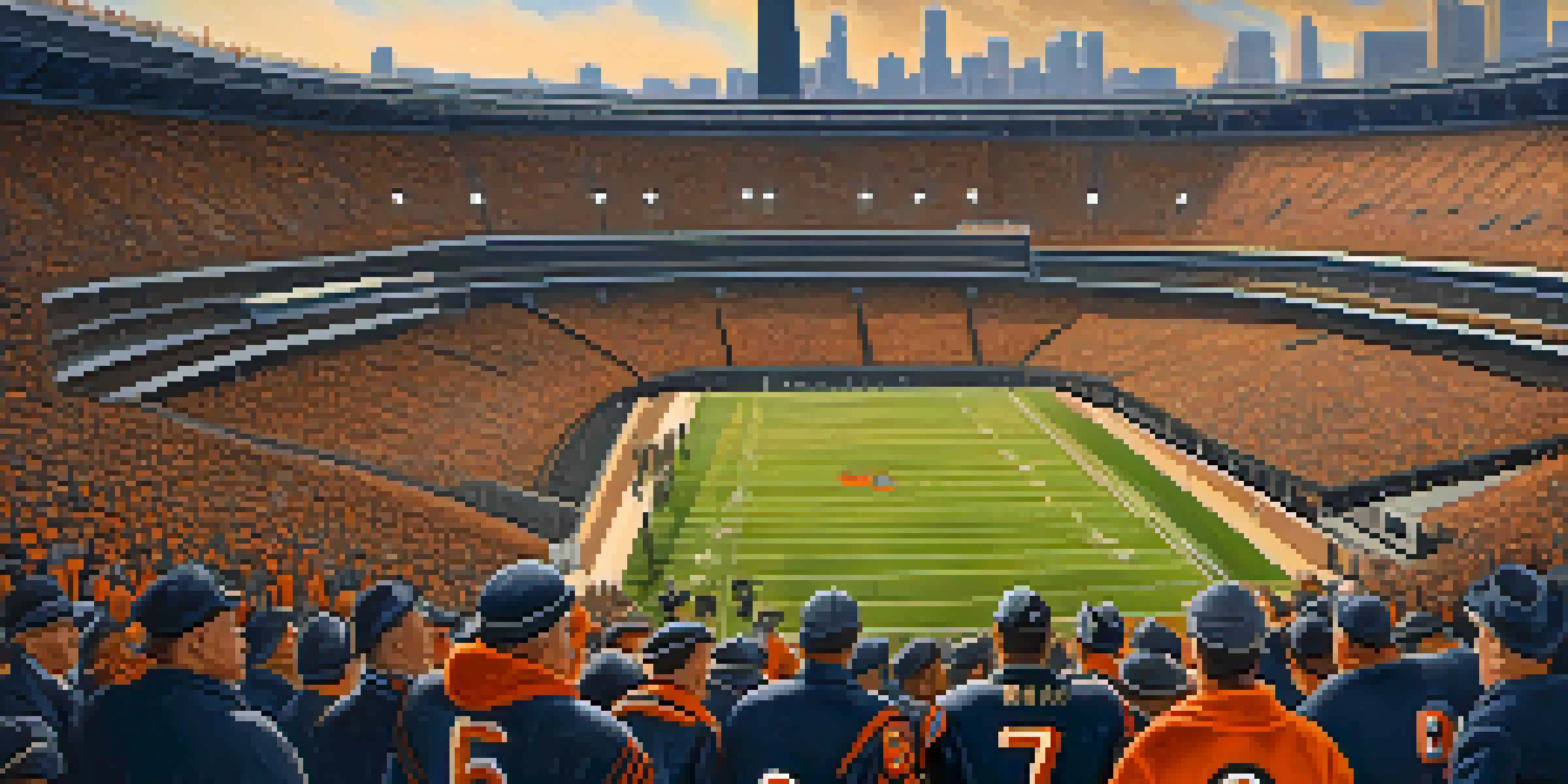 Historic scene of Chicago Bears players in vintage football gear with a backdrop of an old stadium and Chicago skyline.