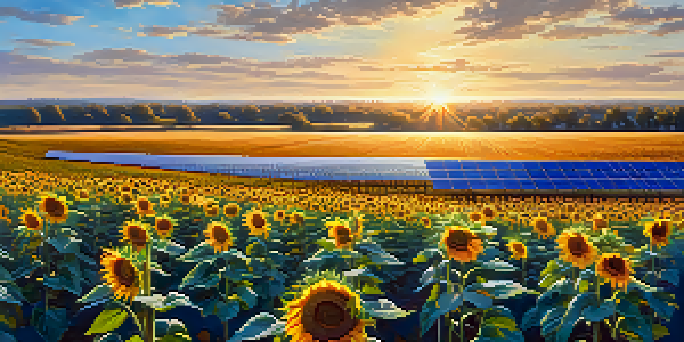 A wide view of a solar farm in Illinois at sunset, with solar panels and sunflowers in the foreground.
